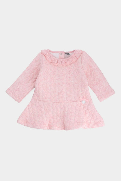 Pink baby dress with long sleeves, ruffled collar, button front and tiered skirt
