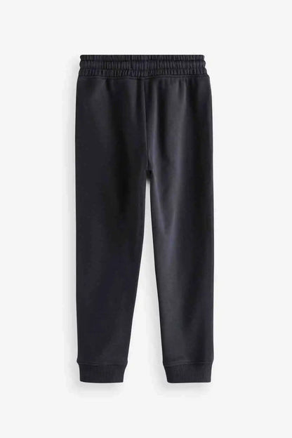 Dark navy jogger sweatpants, elastic waistband with drawstring and cuffed hem