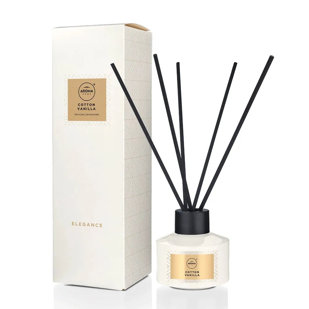 AROMA HOME cotton vanilla reed diffuser set with black reeds and white box and bottle