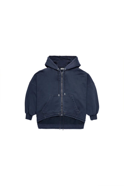 Navy zip-up hoodie, front view, with hood and kangaroo pocket