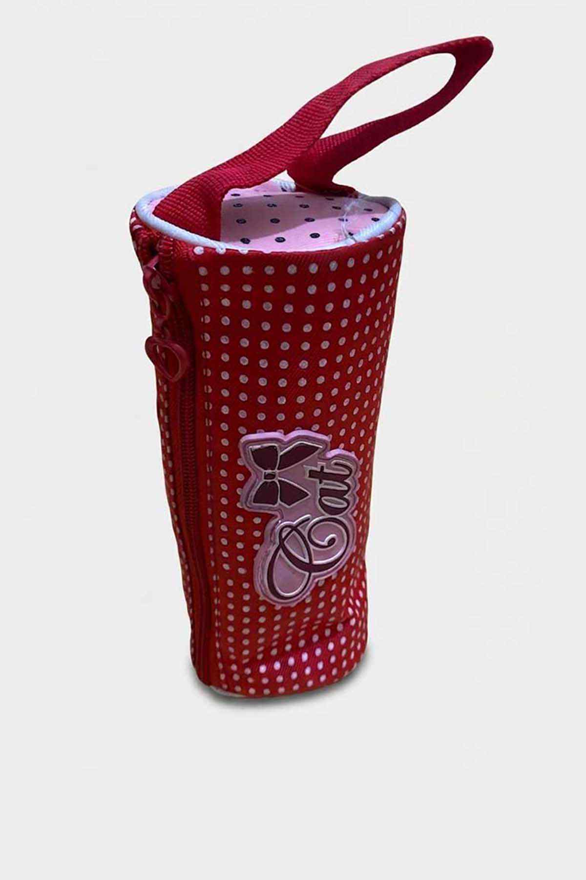 Red polka-dot fabric pencil case with cat graphic and carry strap