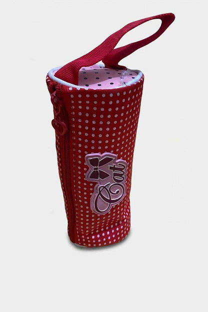 Red polka-dot fabric pencil case with cat graphic and carry strap