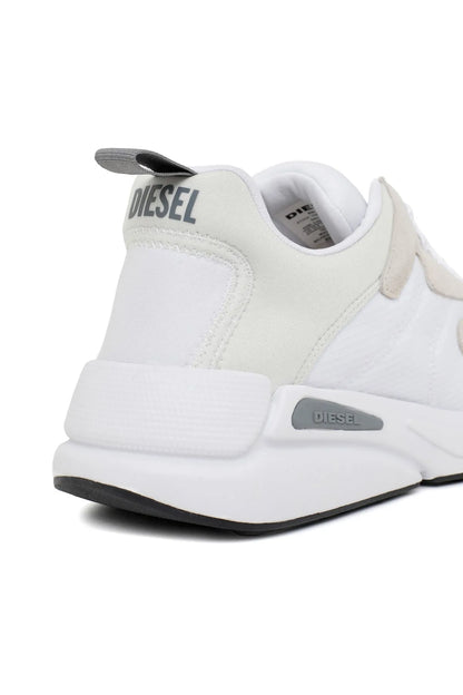 White sneakers with DIESEL logo on heel tab, cushioned collar and rubber sole