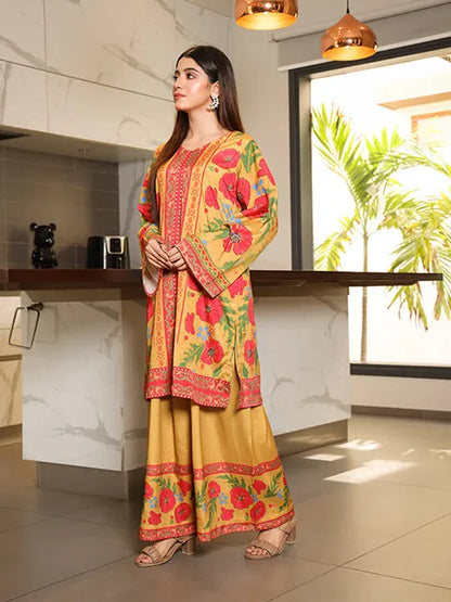Floral kurta set with long sleeves, multicolor print, and matching palazzo pants