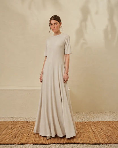 Beige crew-neck short-sleeve maxi dress with long skirt, front view