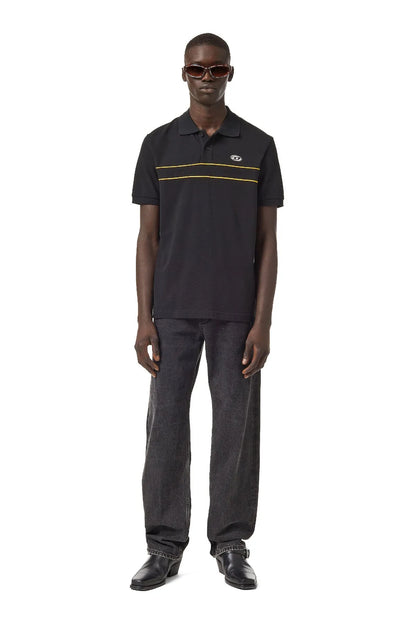 Black polo shirt with yellow chest stripe, button collar and short sleeves, oval logo