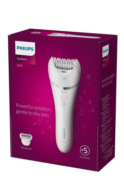 PHILIPS epilator retail box showing white epilator and shaving head