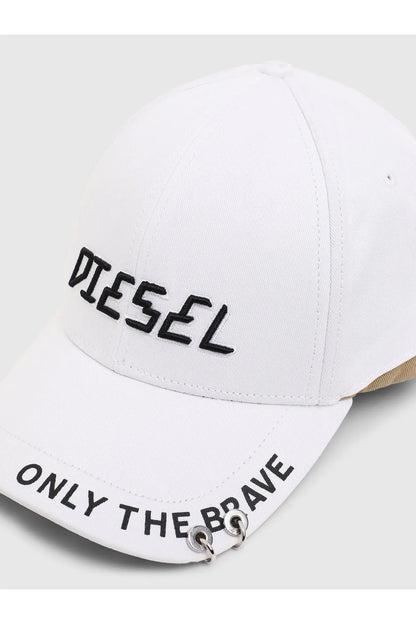 White Diesel cap with large DIESEL text and ONLY THE BRAVE strap detail