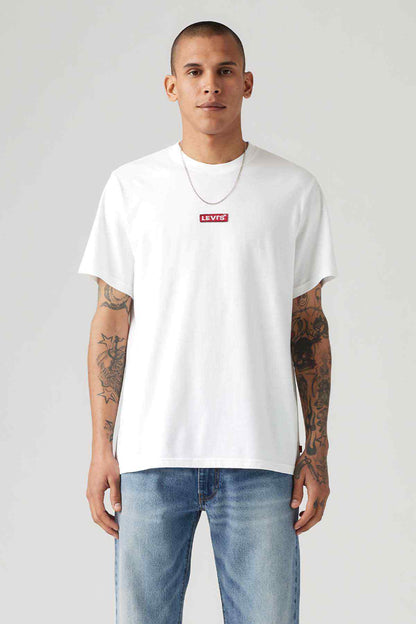 Men's white crew-neck T-shirt with small red chest logo