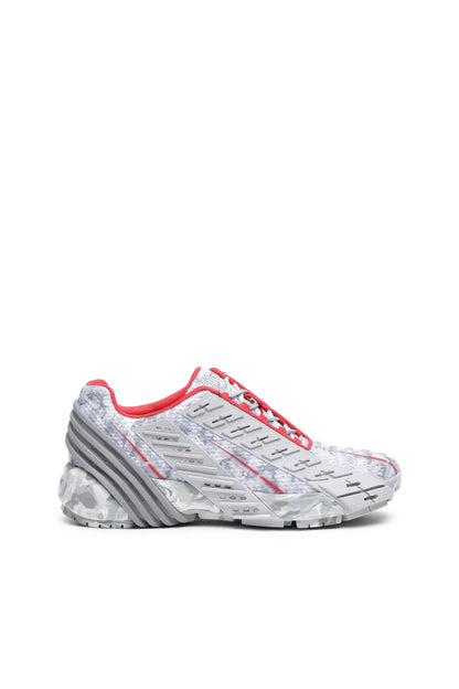 Diesel grey running sneakers with red accents, lace-up front and cushioned sole
