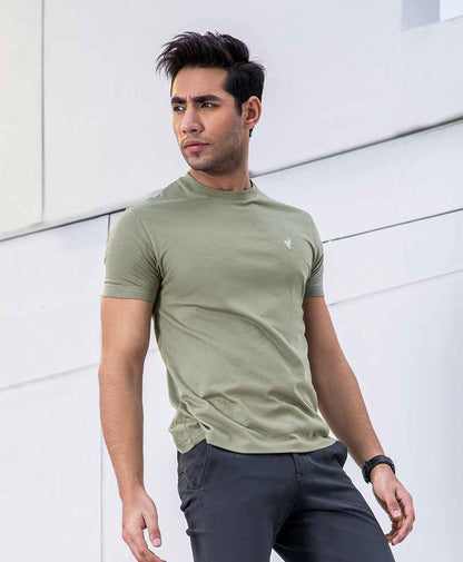 Olive fitted crew-neck T-shirt with short sleeves and chest logo