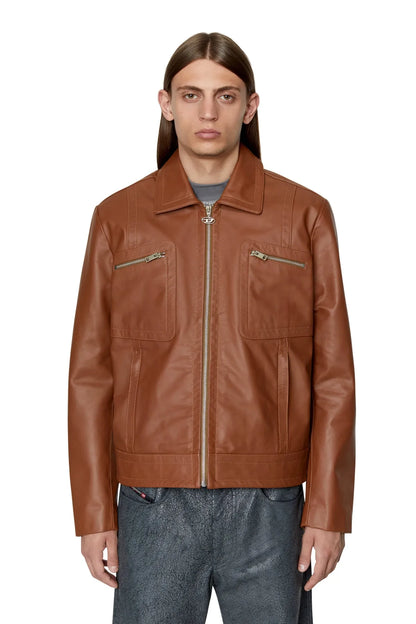 Diesel brown leather jacket with front zip, stand collar, two chest pockets