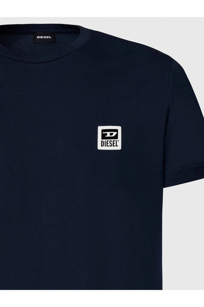 Dark blue T-shirt close-up with crew neck label and Diesel square logo on chest