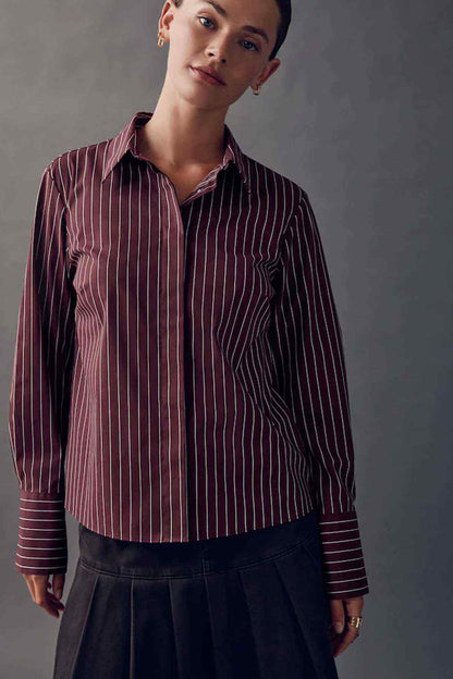 Wine pinstripe button-up shirt with long sleeves and button-down front