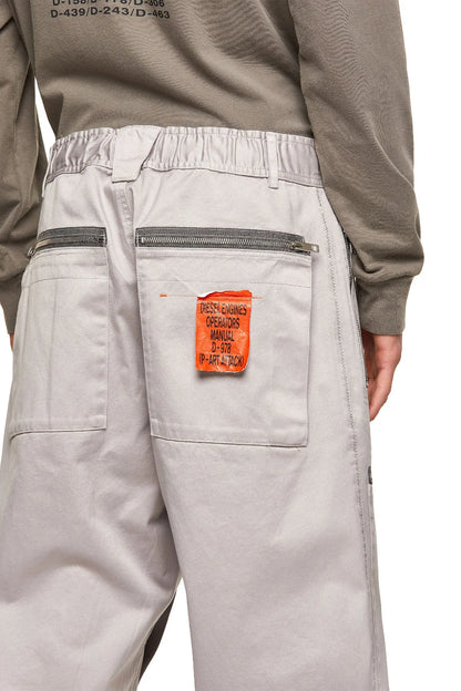 Light grey cargo pants, elastic waist, back patch pocket with orange tag
