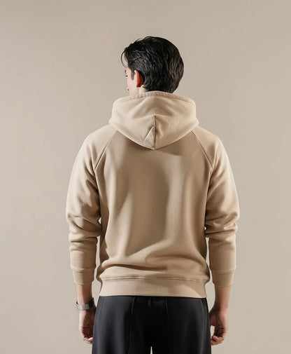 Beige fitted pullover hoodie, back view with drawstring hood