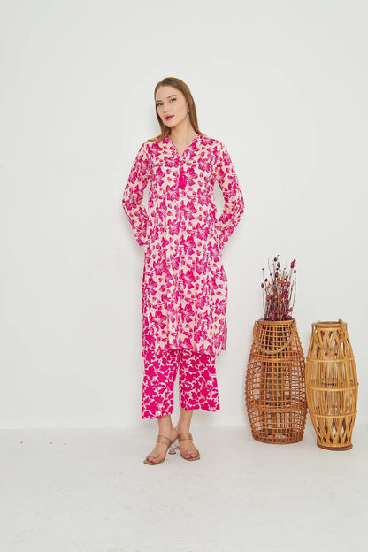Pink floral long maxi dress with gathered neckline and long sleeves