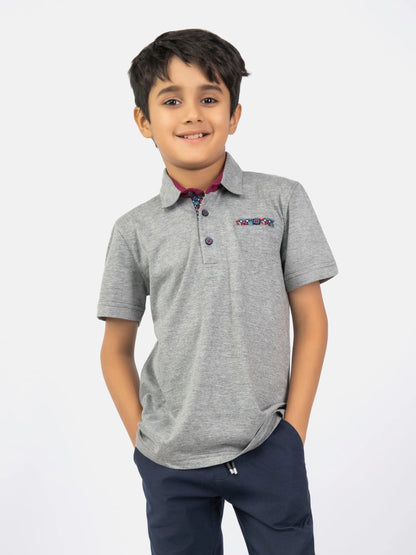 Kids polo shirt and navy pants set, heather gray with maroon collar and chest logo