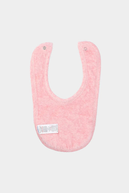 Pink baby bib with a small label on the lower front and plain fleece