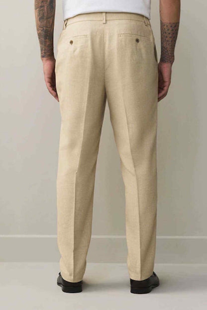 Stone straight-leg trousers, front view with belt loops and button fly