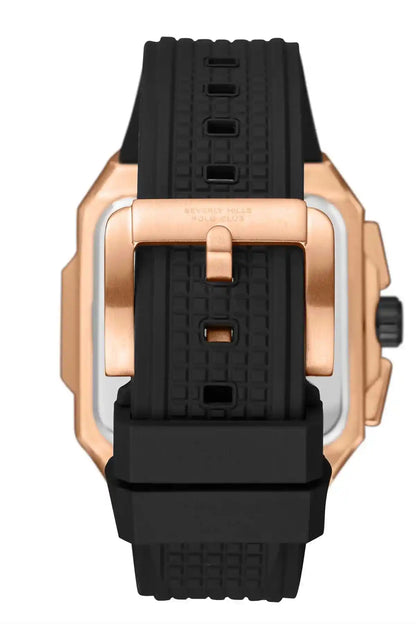 Black rubber watch strap with rose-gold case back detail and adjuster