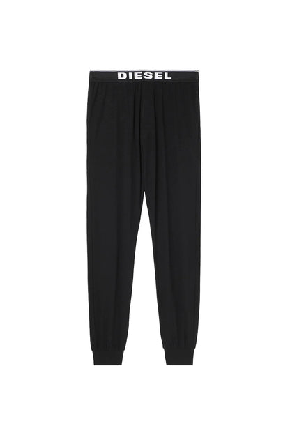 Diesel black jogger pants with elastic waistband and logo patch at top