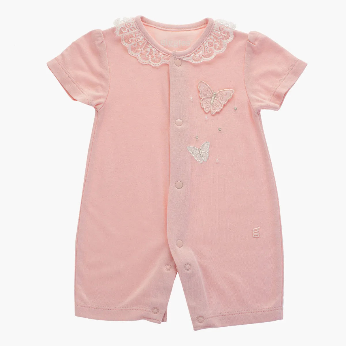 Pink baby romper, short sleeves, lace Peter Pan collar, butterfly appliques