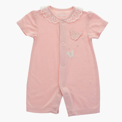 Pink baby romper, short sleeves, lace Peter Pan collar, butterfly appliques