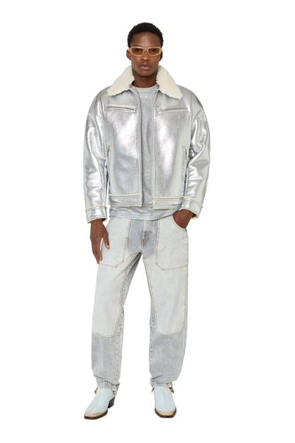 Grey Diesel metallic denim jacket with button front over cargo jeans
