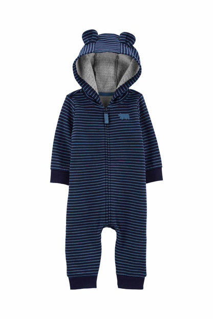 Baby zip-front hooded footed romper, dark blue with light blue horizontal stripes