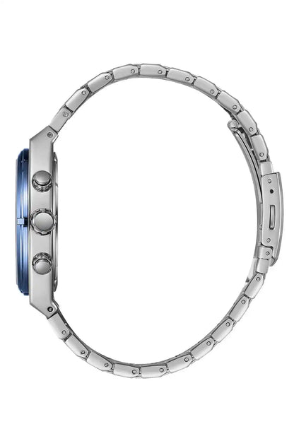 Silver watch side profile with crown and pushers, metal link bracelet