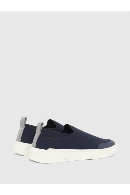 Diesel blue knit slip-on sneakers with grey heel tab and white rubber sole