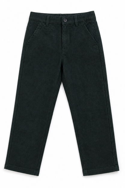 Dark green denim jeans with front button closure, belt loops, and pockets