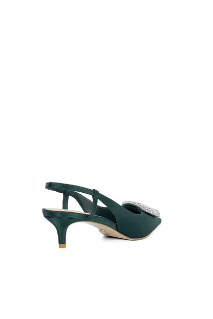 Green slingback heel with pointed toe and crystal-embellished buckle strap