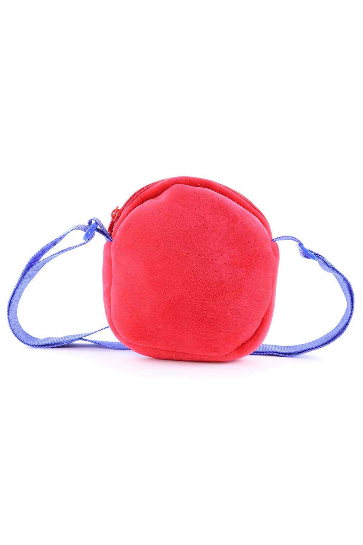 Round plush mini crossbody bag, red with blue adjustable strap