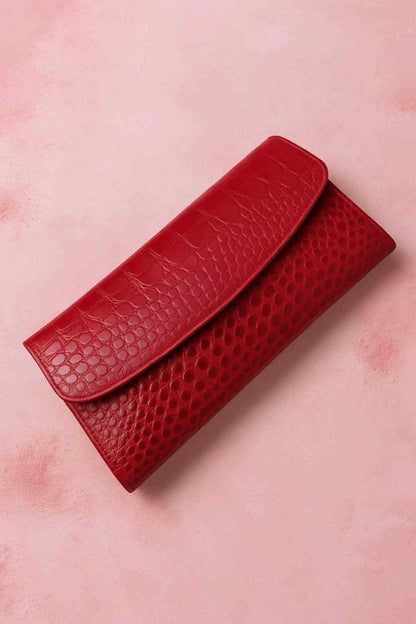 Red leather wallet with long flap and snap button