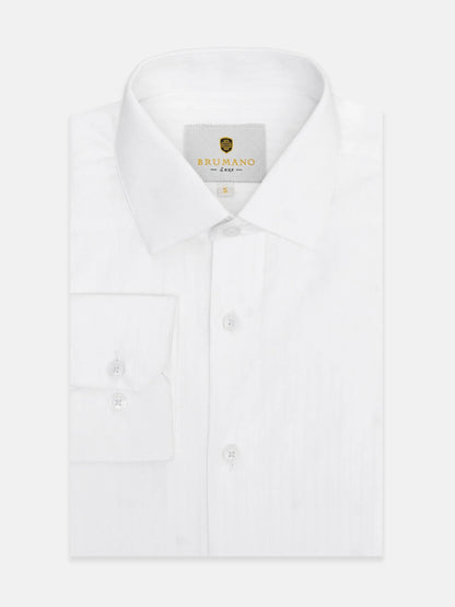 White cotton button-up shirt with spread collar and front button placket