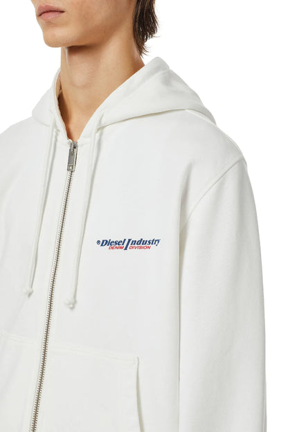 White zip-up hoodie with drawstring hood and small chest logo, front close-up