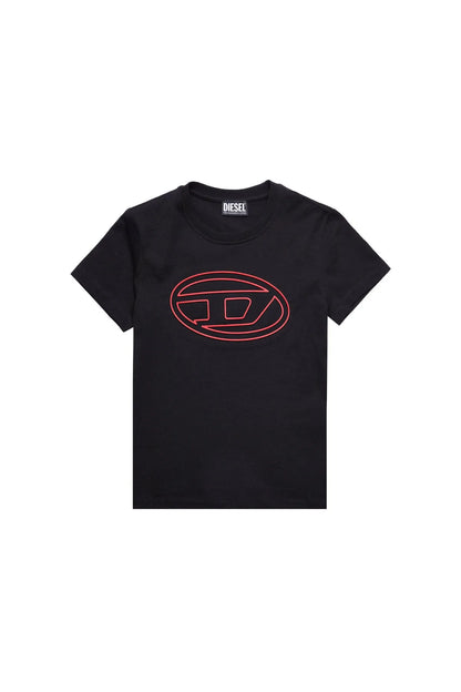 Black Diesel graphic T-shirt with red oval logo print, crew neck, short sleeves