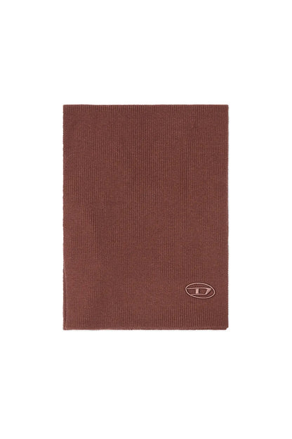 Diesel brown knitted scarf, small logo patch at lower right.