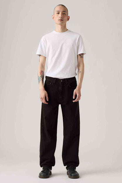 Black jeans with straight legs and classic five-pocket design