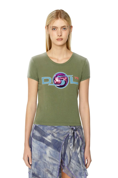 Green crewneck T-shirt with colorful Diesel graphic print and 78 on front
