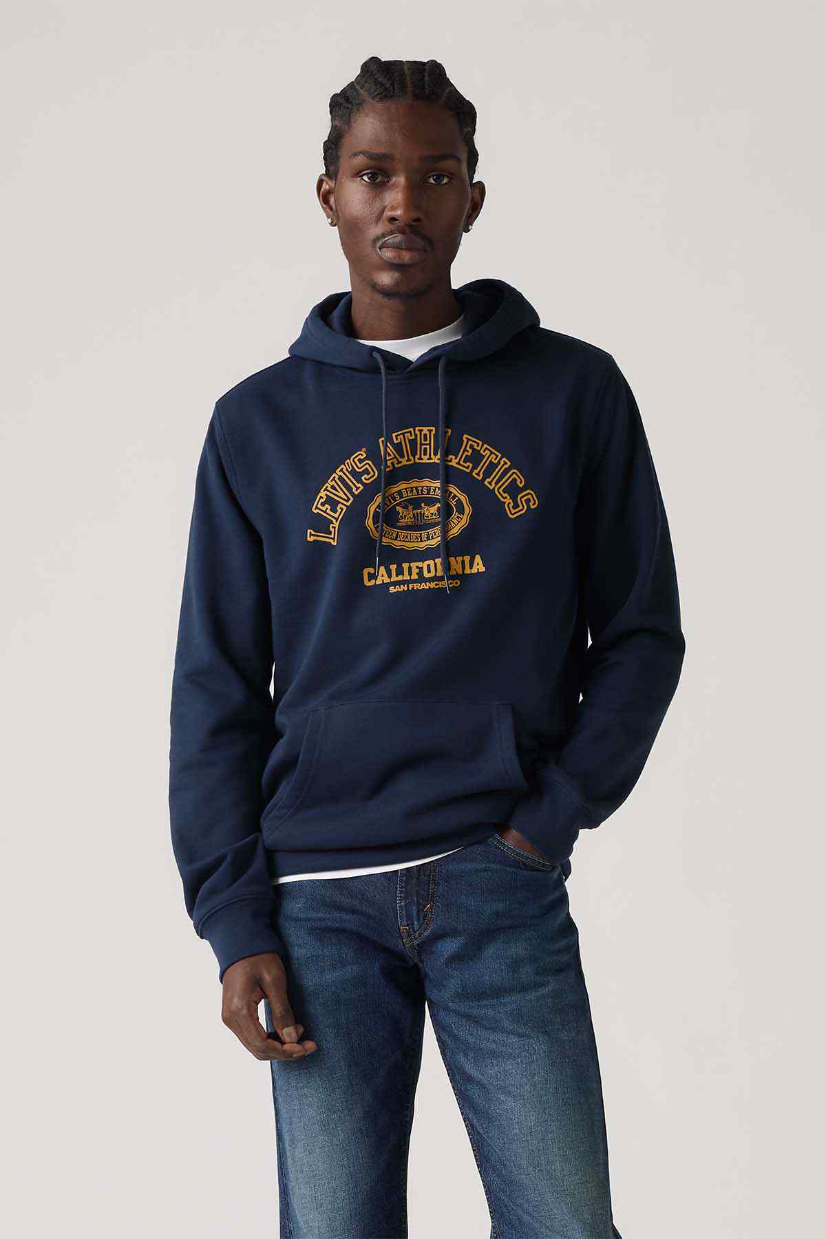 Levi's navy graphic hoodie with front pocket and pullover hood