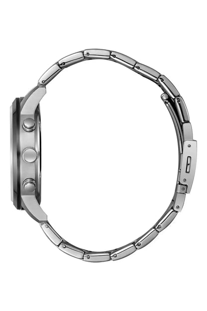 Silver metal watch case and bracelet links, side profile view