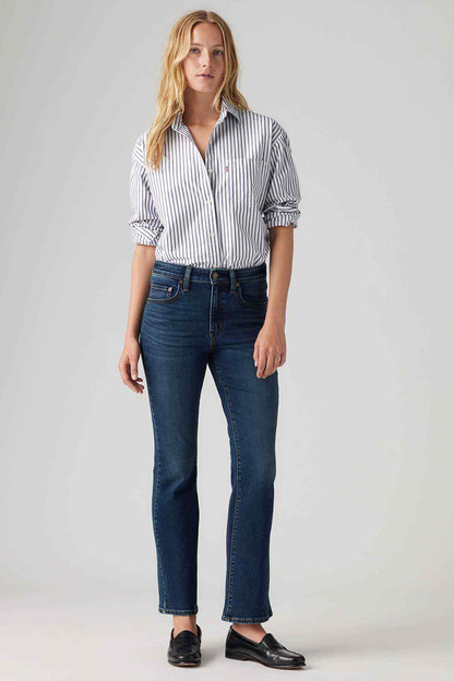 Levi's dark indigo flared jeans with button-fly and belt loops