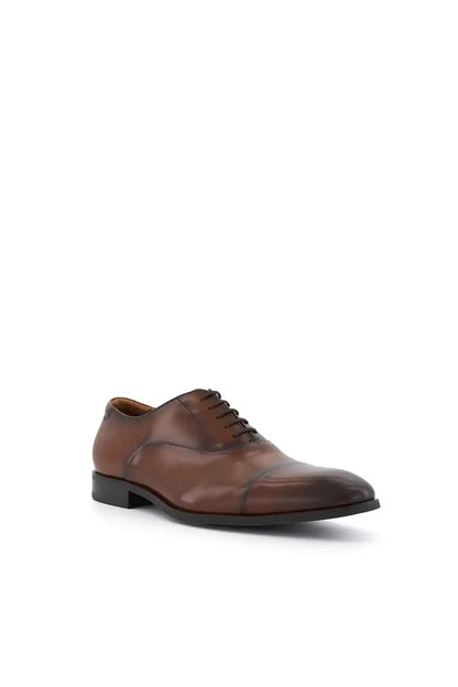 Dark tan lace-up oxford shoes with low profile and black rubber sole