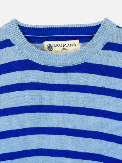 Brumano striped knit sweater neckline with logo patch and ribbed collar