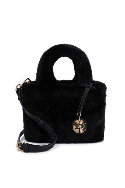 Dune London black faux-fur mini tote bag with top handle and crossbody strap