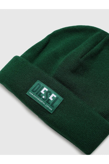 Green knit beanie cuff with Diesel logo label and stitched texture