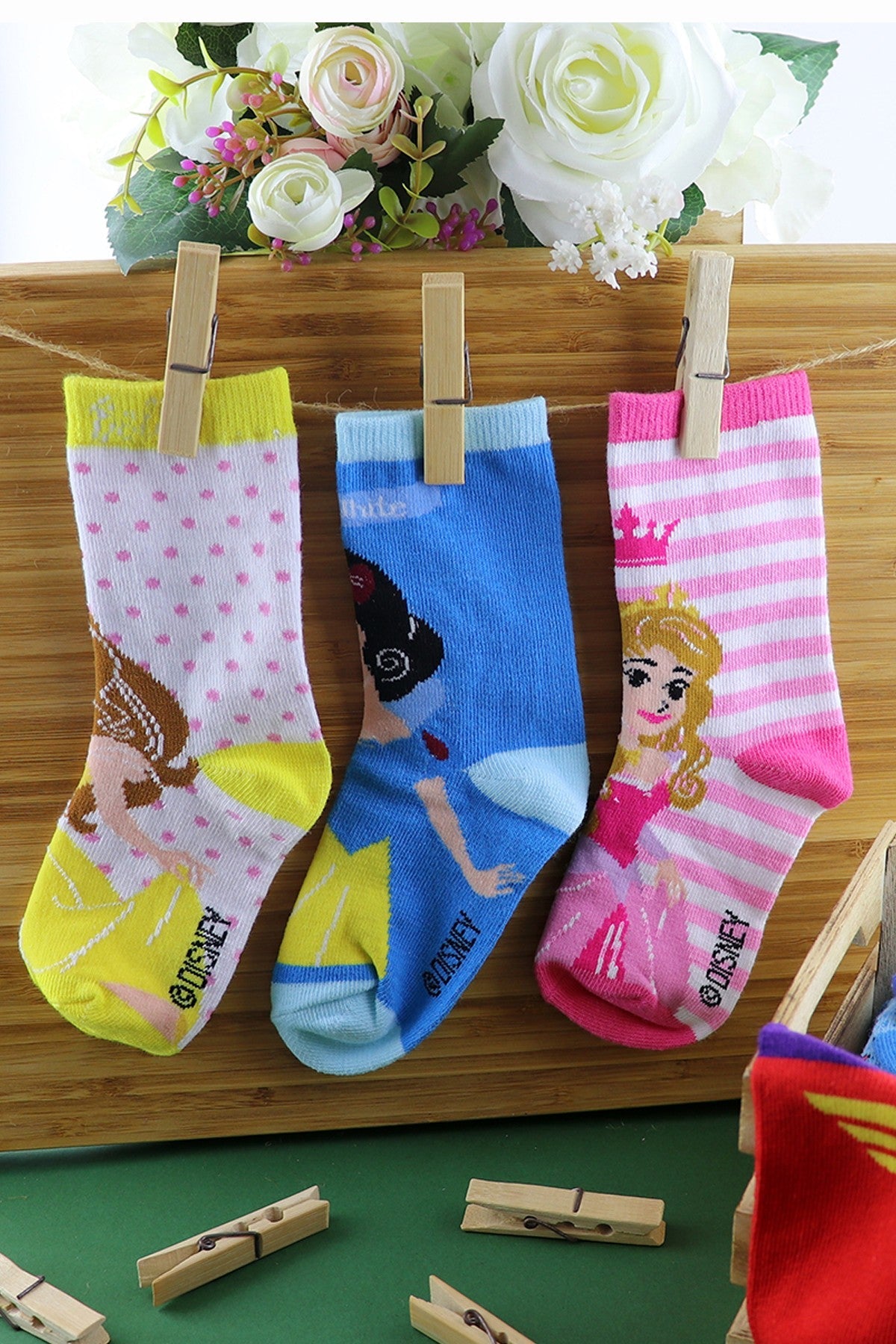 Set of 3 kids' DISNEY princess socks: blue character, white/pink dots, pink stripes